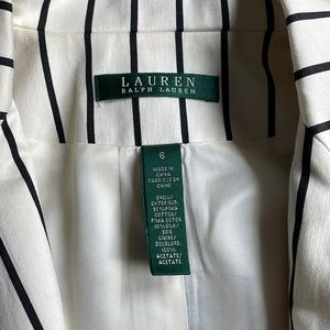 Lauren pin striped cream and black blazer, kick pleat at back.